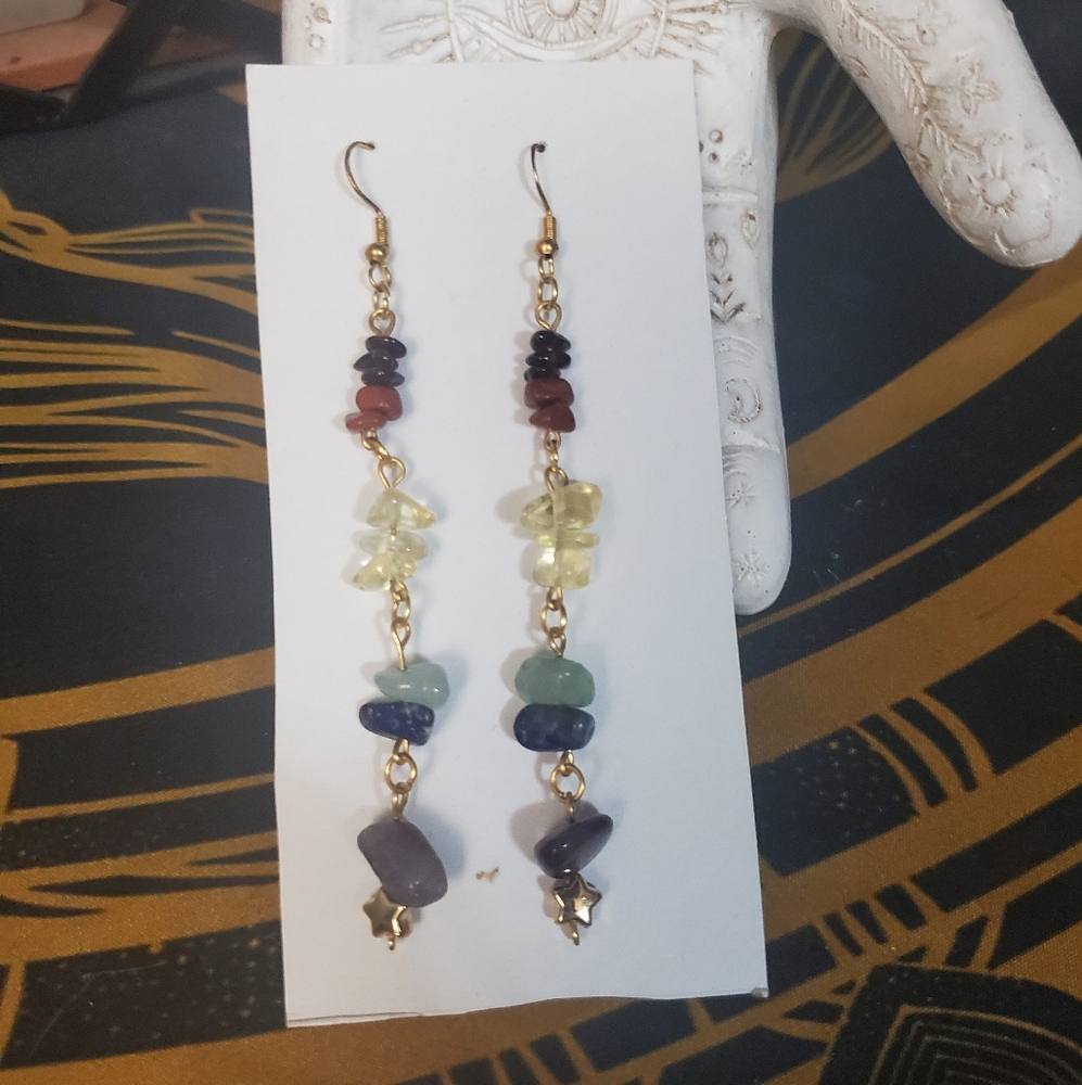 Handmade Genuine Stones Rainbow Gold Earrings With Sterling Silver Hooks